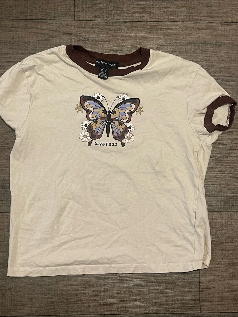 Streetwear Society Y2K Butterfly Daisy Graphic Ringer T-Shirt Brown Cream S